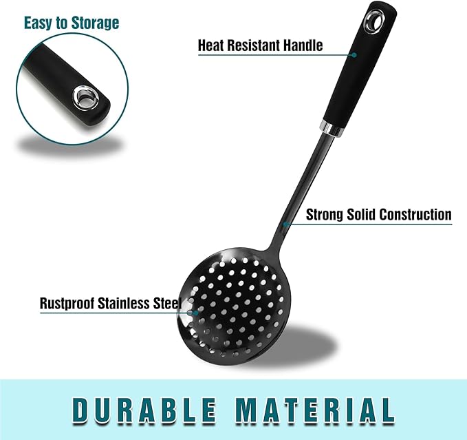 Skimmer Spoon, Slotted Spoons for Cooking, Slotted Spoon, Kitchen Stainless Steel Serving Spoons, Stainless Steel Strainer, Black