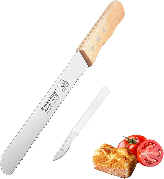 2-Pack Bread Knife & Bread Lame Set: 10" Premium Stainless Steel Serrated Knives Blade with Wood Handle for Homemade Bread, Sourdough Tomato, Bagel + Dough Scoring Tool for Razor Sharp Carving