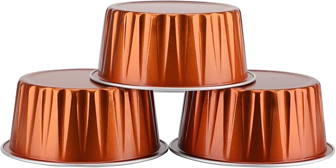 EUSOAR Aluminum Foil Cups, 5oz 50pcs muffin Baking Cups with Lids, 3.34"x2.59"x2.35" 125ml Snacks Desserts Flan, Cupcake Pie Ramekin, Recyclable Catering Party Favor Baking Cups-Caramel