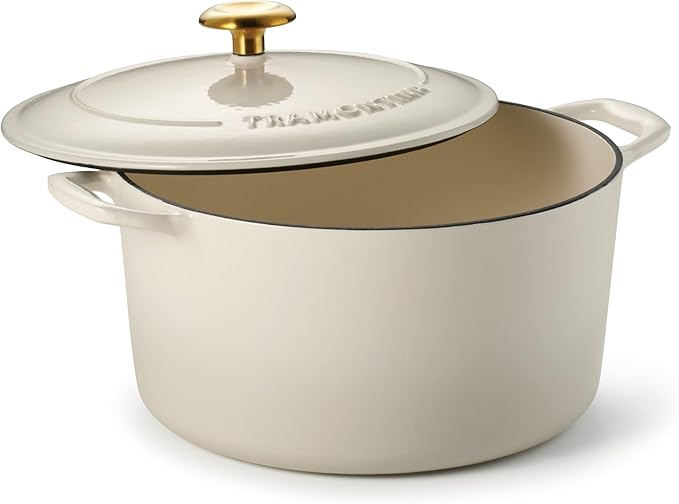 Tramontina Bestow Enameled Cast Iron Dutch Oven Pot with Lid, Round 6.5-quart, Latte (Gold Knob)