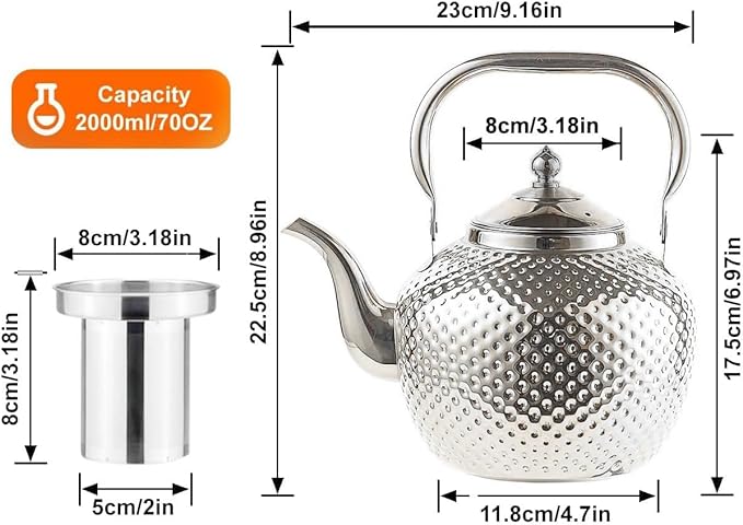 SANQIAHOME 2000ml teapot with Infuser stainless steel Water Boilers lifting handle Tea Maker Water Kettle for Induction/Gas silver