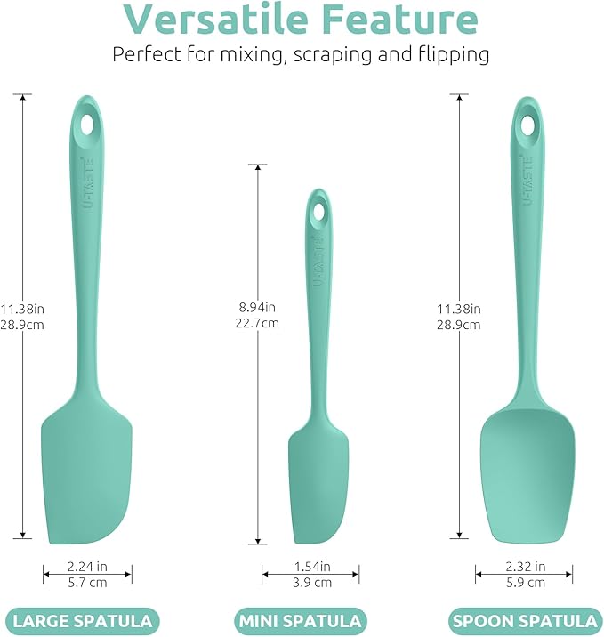 U-Taste Silicone Baking Spatula Set: 480ºF High Heat Resistant, Food Grade Flexible Rubber Kitchen Cooking Mixing Scraper, Food Grade Seamless Utensil for Nonstick Cookware Set of 3 (Aqua Sky)