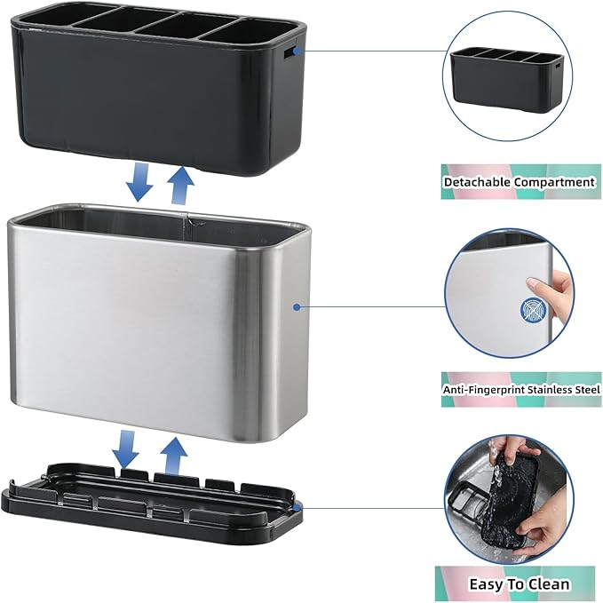 Silverware Organizer,Kitchen Utensil Holder For Counter,Stainless Steel Caddy,4 Compartments Organizer,Capacity Flatware Spoon Fork Tool Cutlery Holder（Silvery）