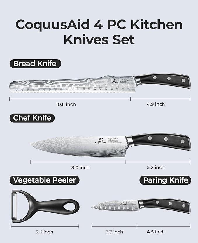 Essential 4-Piece Kitchen Knife Set,Sharp German Steel Knives Sets(Chef's Knife, Paring Knife, Bread Knife + Peeler) for Home Cooking BBQ,Gift Box included