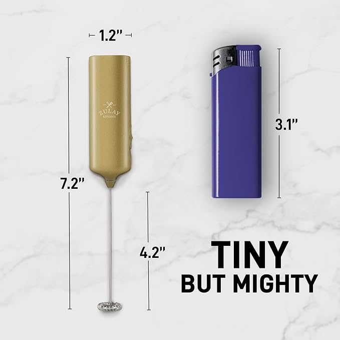 Mini & Mighty Milk Frother Wand – Powerful Handheld Coffee Frother, Battery Operated Drink Mixer – Compact Pocket Size – Detachable Whisk for Latte, Cappuccino, Matcha, Hot Chocolate – Gold