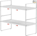 2Pack Expandable Cabinet Shelf Organizers, Stackable Metal Shelves Extender for Kitchen Countertop Storage, Adjustable Spices Shelves Rack Stand for Cupboard Pantry, White