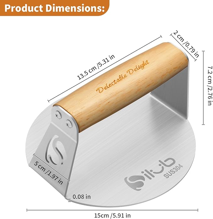 Smash Burger Press,304 Stainless Steel 6.0 Inches Round Hamburger Smasher with Anti Scald Wood Handle, Non-Stick Burger Press Perfect for Flat Top Griddle Grill Cooking