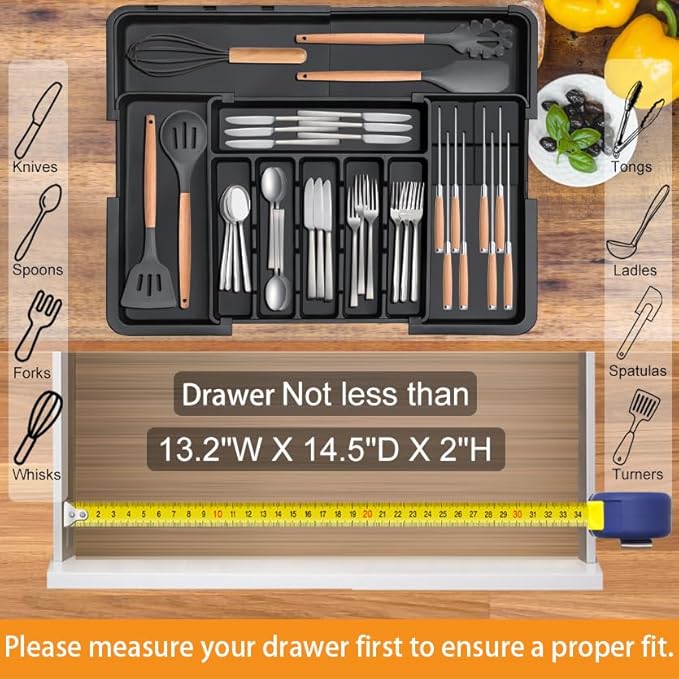 Homecor Silverware Organizer - Expandable Large Kitchen Drawer Organizer Utensil Organizer with 2 Removable Knife Blocks, 22"x 19"Cutlery Tray Drawer Dividers for Kitchen Flatware(6-9 Slots) (Black)