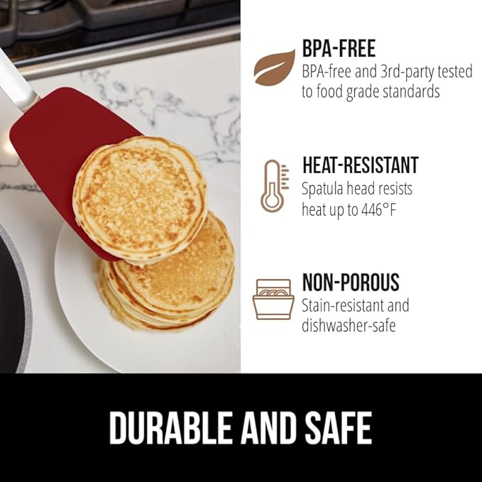 GORILLA GRIP Patented BPA-Free Non-Scratch Spatula, 2 Pack, Heat Resistant Flexible Silicone Head for Nonstick Cooking Pans, Soft Rubber Handle, Kitchen Spatulas for Flipping Eggs, Pancakes, Red