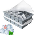 Silicone Ice Cube Tray, 2 Pack Easy-Release Stackable Ice Trays for Freezer with Lid 15 Reusable Cubes, Food Grade BPA Free Ice Molds for Whiskey, Baby Food, Coffee, Cocktail, Drinks (Grey)