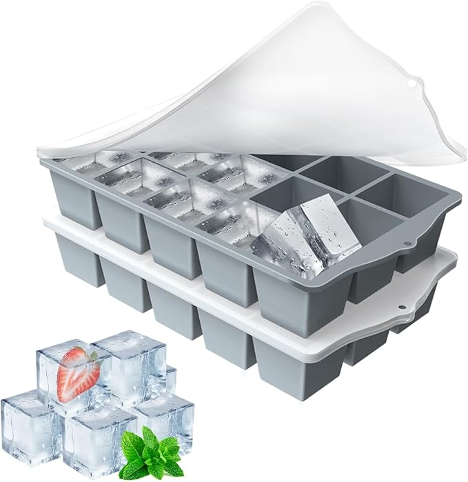Silicone Ice Cube Tray, 2 Pack Easy-Release Stackable Ice Trays for Freezer with Lid 15 Reusable Cubes, Food Grade BPA Free Ice Molds for Whiskey, Baby Food, Coffee, Cocktail, Drinks (Grey)