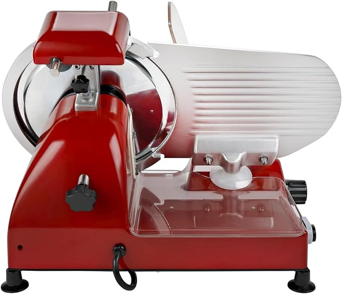 BESWOOD 10" Electric Deli Meat Slicer, Cheese Food Slicer with Premium Chromium-plated Steel Blade, for Home and Commercial use, 240W, Serving Plate included, Classic Red