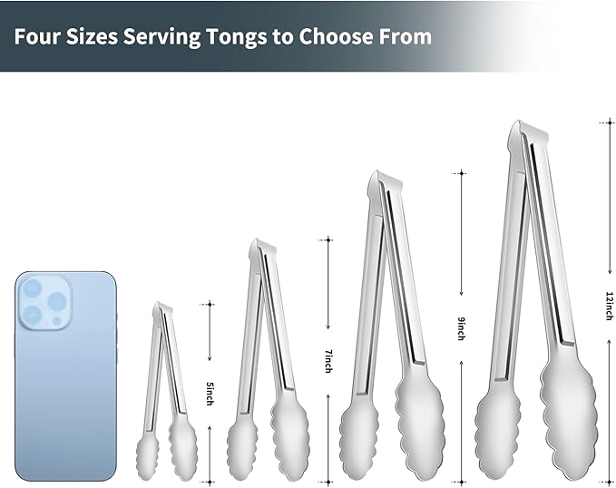 4 Pack Serving Tongs for Buffet,Metal Kitchen Tongs,Stainless Steel Food Tongs, Small Tongs for serving, Silver (12IN)