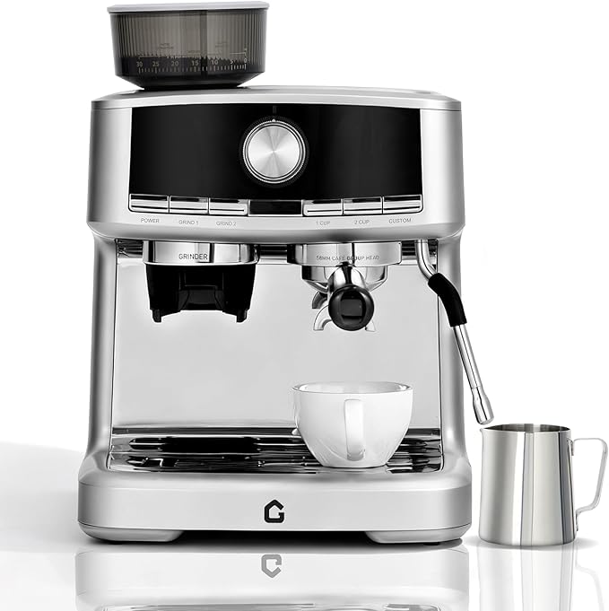 Garvee 20 Bar Pressure Stainless Steel Espresso Machine with Grinder, 1.5L Removable Water Tank, Milk Frother Steam Wand for Latte/Cappuccino - Adjustable Shot Volume, Professional Home/Office Use