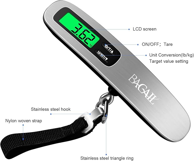 BAGAIL Digital Luggage Scale, 110lbs Hanging Baggage Scale with Backlit LCD Display, Portable Suitcase Weighing Scale, Travel Luggage Weight Scale with Hook, Strong Straps for Travelers