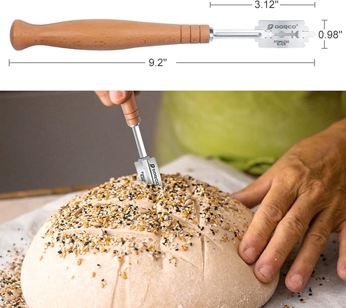 Danish Dough Whisk and Bakers Bread Lame Tool for Baking Cake Pizza, Stainless Steel Dough Scoring Knife with 5 Replacement Blades Leather Storage Cover, Lame Bread Dough Whisk Slashing Tool