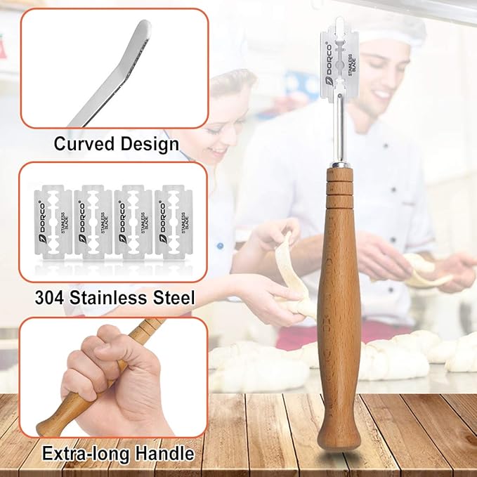 Danish Dough Whisk and Bakers Bread Lame Tool for Baking Cake Pizza, Stainless Steel Dough Scoring Knife with 5 Replacement Blades Leather Storage Cover, Lame Bread Dough Whisk Slashing Tool