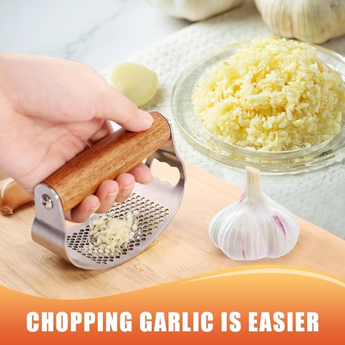 Stainless Steel Garlic Presser, Upgraded Garlic Press Rocker with Peeler and Cleaning Brush, Ergonomic Handle for Cooking Enthusiasts (1 pcs)