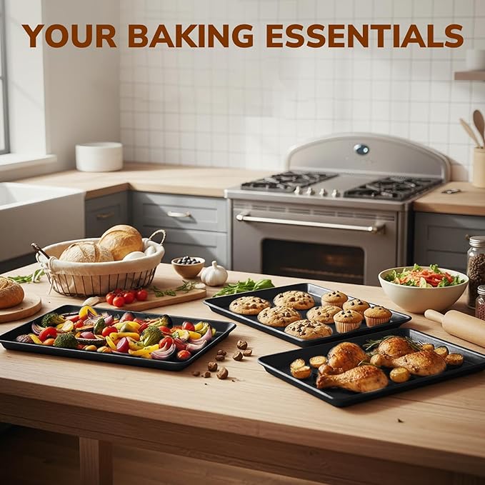Nonstick Baking Sheet Pan Set of 3, Heavy Duty Cookie Sheets for Oven, 0.6mm Thick Quarter Size & Half Size & Jelly Roll Pan, Rustproof & Easy Clean with Textured Surface(Black)