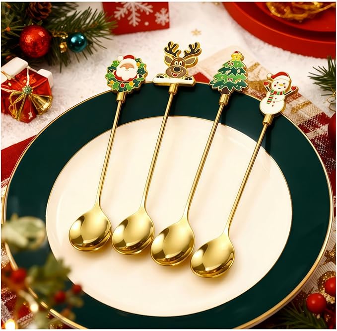 Christmas Teaspoon Gift Set of 4 | Premium 304 Stainless Steel Mirror Finish & Rust-Resistant | Small Spoon for Tea, Dessert & Coffee | Dishwasher Safe Hostess & Holiday Gift | Christmas Table Decor
