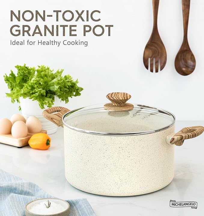 MICHELANGELO 8 Quart Stock Pot with Lid, Nonstick Cooking Pots, 8 Qt Soup Pot with Lid, Induction Pots for Cooking, Stockpot with Healthy Coating, White