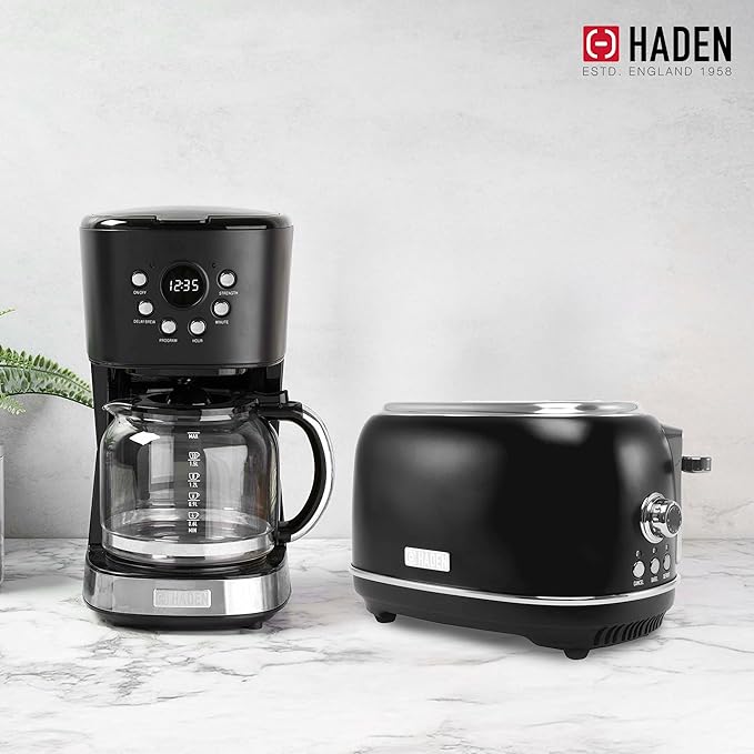 Haden 12 Cup Programmable Drip Coffee Maker Coffee Machine Bundled with Heritage 2 Slice Wide Slot Stainless Steel Toaster, Turquoise & Chrome