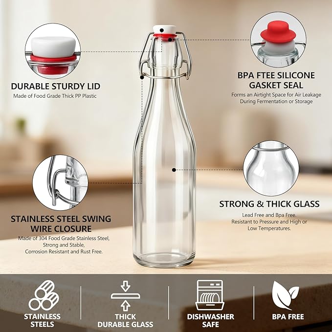Ruckae 8 Pack 16oz Swing Top Glass Bottles with Air Tight Lids Kombucha Coquito Flip Top Glass Bottle Kefir Syrup Vanilla Extract Beer Brewing Bottles for Gift (16 oz 8 pack)