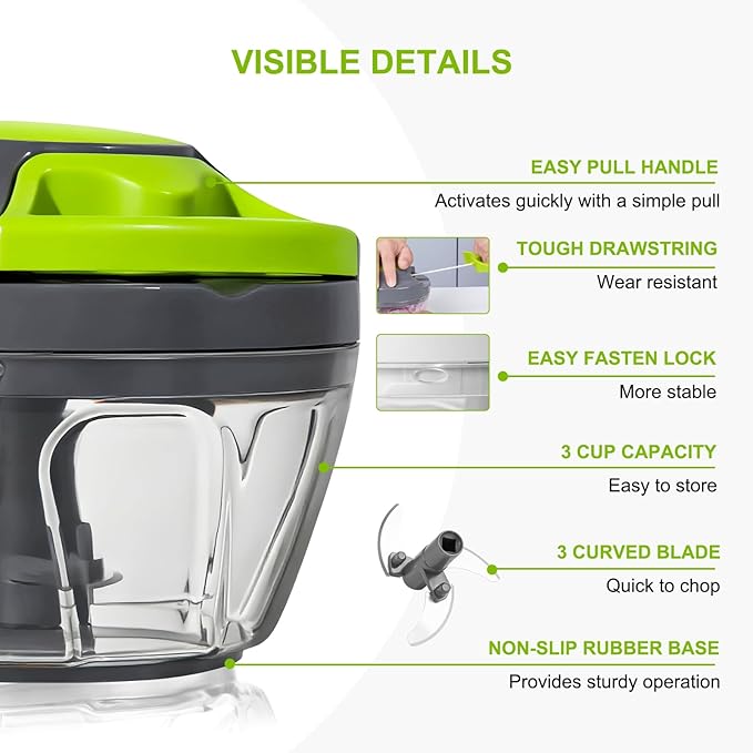 Manual Food Processor Vegetable Chopper, Portable Hand Pull String Garlic Mincer Onion Cutter for Veggies, Ginger, Fruits, Nuts, Herbs, etc.,500ml