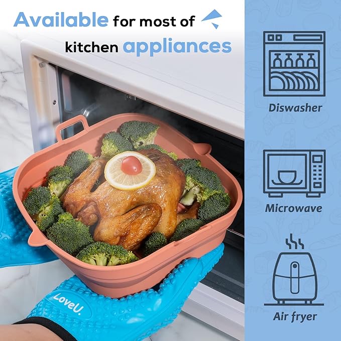 Silicone Air Fryer Liners - Square Reusable Basket - Easy to Clean Air Fryer Baking Tray, 8.5 Inch Large