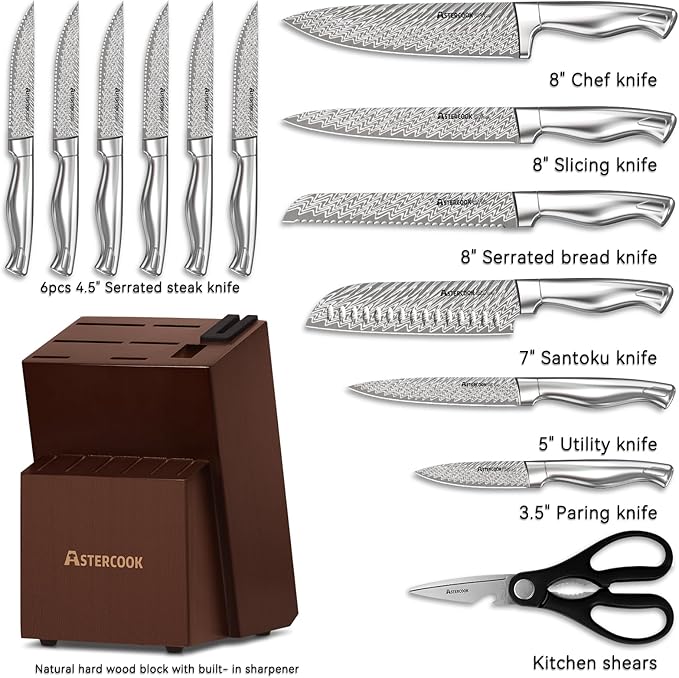 Astercook Knife Set, 15-Piece Kitchen Knife Set with Block, Built-in Knife Sharpener, German Stainless Steel Knife Block Set, Dishwasher Safe