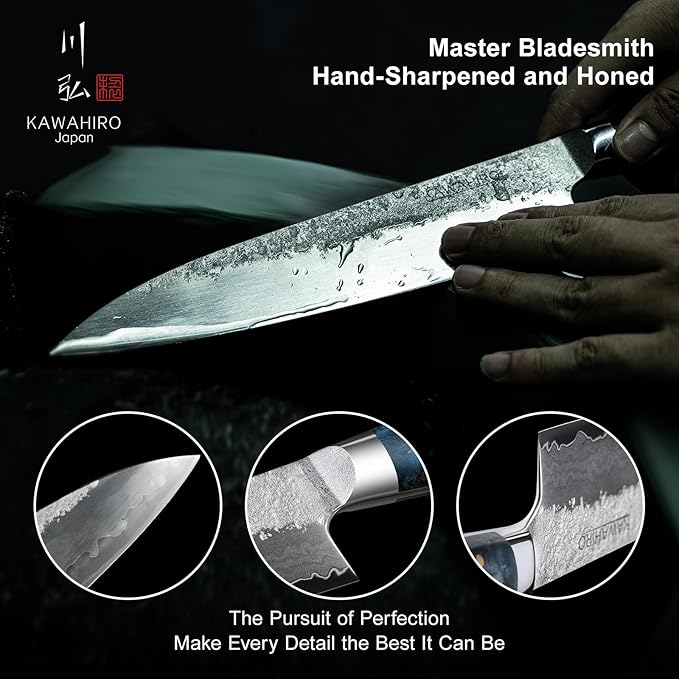 KAWAHIRO Japanese Chef Knife with SG2 Powder Steel, 8.27 inch Professional Gyuto Knife, Hand Forged Kitchen Knife with Premium Stabilized Wood Handle and Wood Gift Box