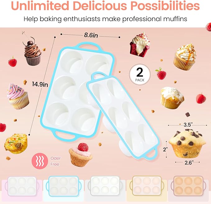 Silicone Jumbo Muffin Pan with Metal Frame, Non Stick Food Grade Silicone Large Muffin Pan, with Handles 6 Cup,BPA-Free and Dishwasher Safe, Jumbo Cupcake Pans - 2 Piece Blue