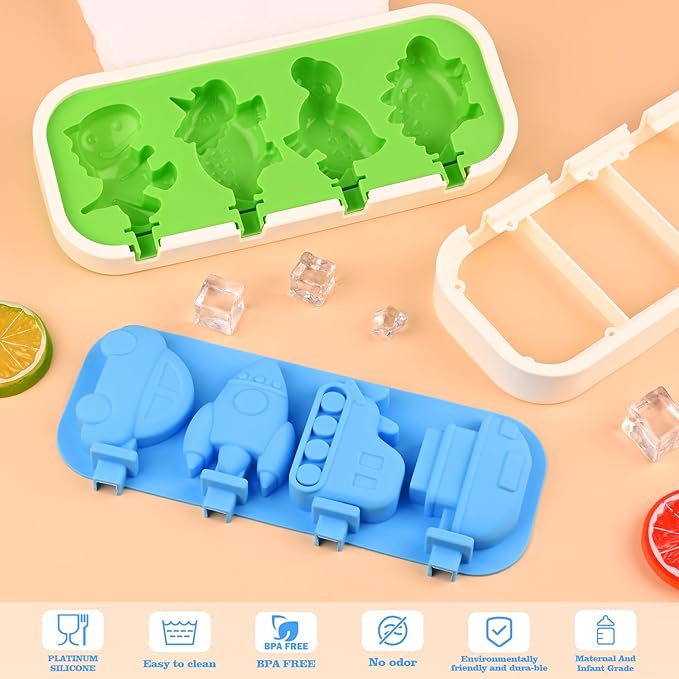 WMKGG Mini Cartoon Silicone Popsicle Molds for Kids, 2 PCS Popsicles Molds with Sticks and Lids, Stackable Small Ice Pop Mold,Rocket Dinosaur Car Ship Shape