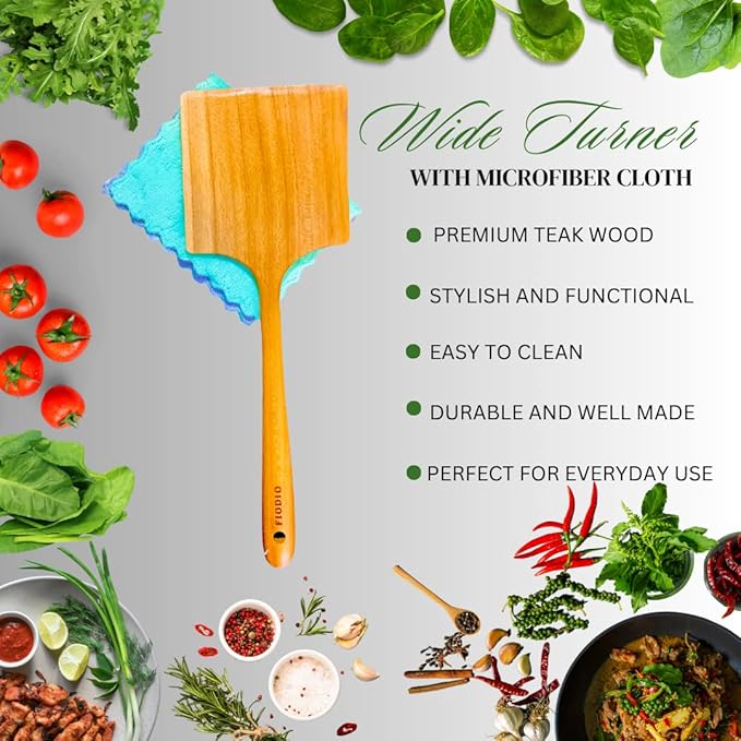 Teak Wide Wooden Spatula with Microfiber Cloth - Natural Non-Stick Healthy Kitchen Utensils - Handcrafted with Comfort Grip