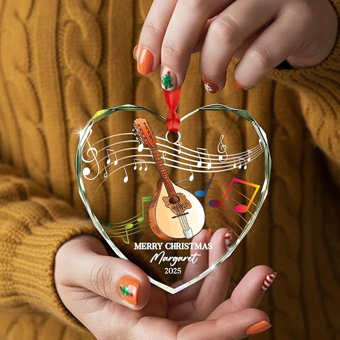 Personalized Mandolin Musical Instrument Glass Ornament, Customized Year Text Name Christmas Ornaments Gift for Mandolinist Women Men Mandolin Musical Player, Mandolins Instrument Glass Xmas Ornament