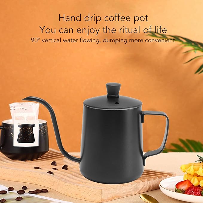 Pour Over Coffee Kettle, 12oz Stainless Steel Gooseneck Spout Pour Over Coffee Kettle Long Narrow Drip Spout Coffee Tea Pots for Pour Over Coffee, Home Brewing, Camping (12oz, Black with Lid)