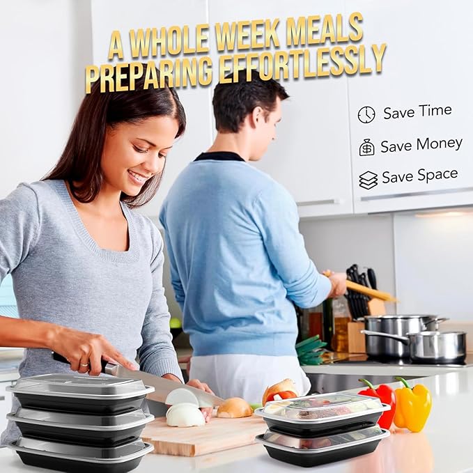20-Piece (10-Pack) 16 OZ Meal Prep Containers Reusable with Lids, Sturdy Leakproof & Food Safe, Microwave, Freezer, Dishwasher Safe To Go Food Containers, Plastic Take Out Containers, Black