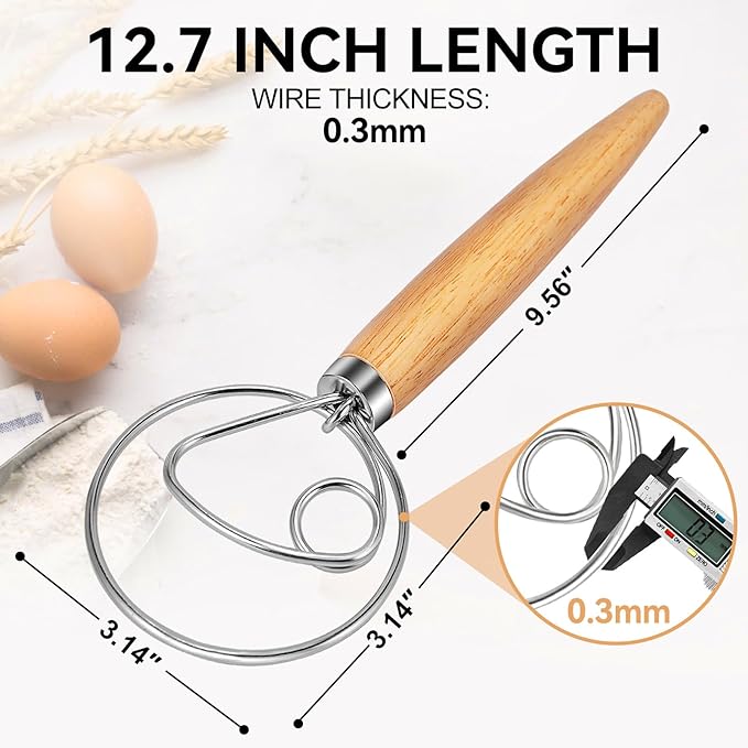 TEEVEA Danish Dough Whisk Stainless Steel Hook Dutch Bread Mixer for Sourdough Baking Tools
