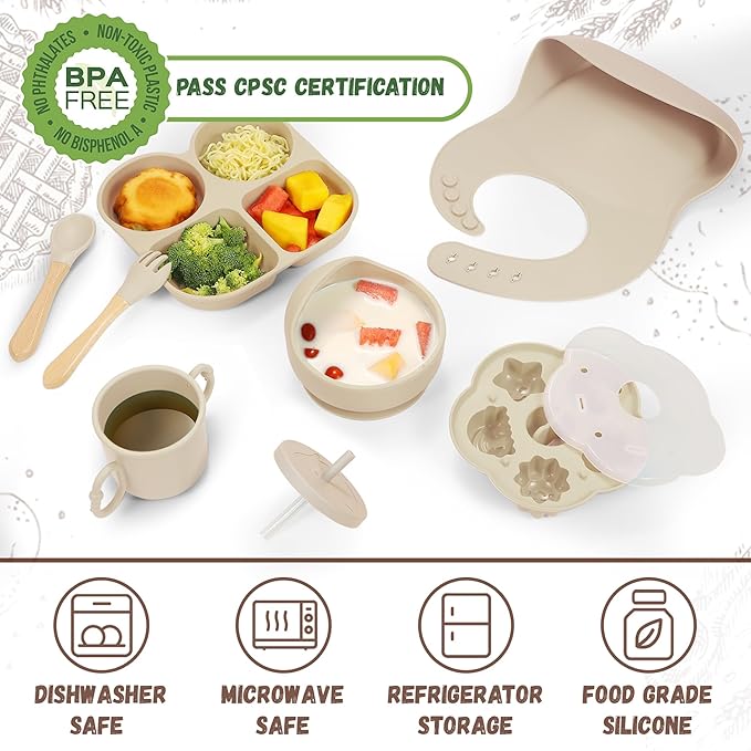 Silicone Baby Feeding Set, Baby Led Weaning Supplies, Baby Food Tableware Silicone Suction Plate, Bowl, Spoons, Fork, Waterproof Bib, Cup & Complementary Food Cake Mold, Baby Eating Utensils