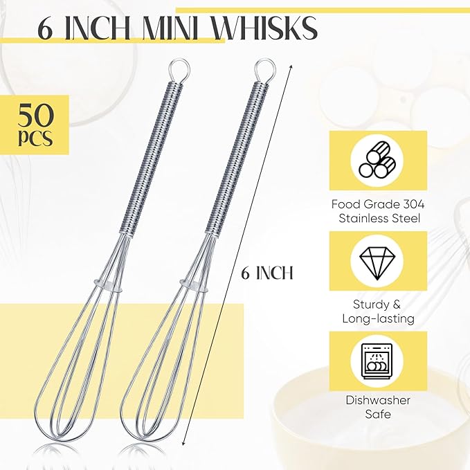 Baderke 50 Pcs 6 Inch Mini Whisk Bulk Small Whisks for Cooking 304 Stainless Steel Tiny Whisk for Baking, Whipping, Beating Eggs, Mixing Sauces, Blending Ingredients
