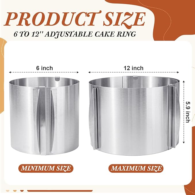 Hushee 1 Piece 6 to 12 Inch Cake Ring 5.9 Inch High Adjustable Cake Mold Baking Rings Kit Round Stainless Steel Decorating Bakeware Tools with Scaling for Mousse Baking Dessert Making (8 cm)