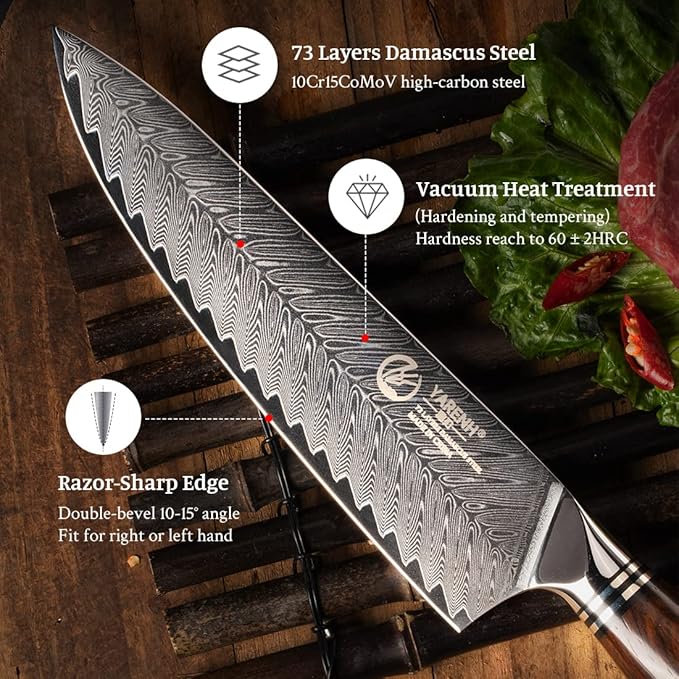 YARENH Damascus Chef Knife 8 Inch with Sheath, Professional Kitchen Knife, 73 Layers Damascus High Carbon Steel, Full Tang Sandalwood Handle, FYW Series