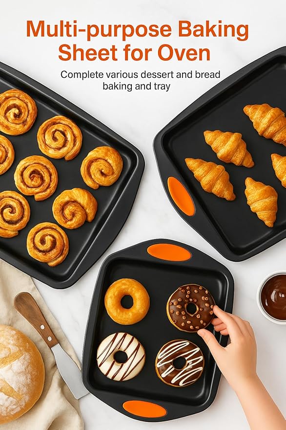3-Pack Baking Sheet Pan Set, Nonstick Cookie Sheets with Orange Silicone Handles, Easy to Clean Bakeware Trays for Oven Roasting & Baking