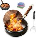 Jinswhdre Cast Iron Skillet, 9.5/11in Jinswhdre Japanese Irons Pan, Hand Forged Uncoated Iron Pan with Lid Spatula, Non-stick Wok for Cooker Gas Stir Fry Pans Durable and Rust-Free (Wooden Lid,9.45in)