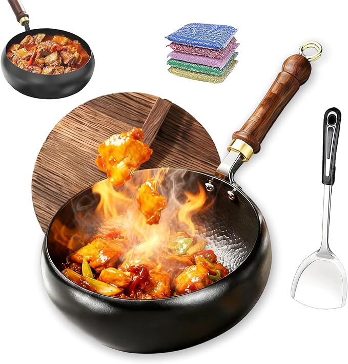 Jinswhdre Cast Iron Skillet, 9.5/11in Jinswhdre Japanese Irons Pan, Hand Forged Uncoated Iron Pan with Lid Spatula, Non-stick Wok for Cooker Gas Stir Fry Pans Durable and Rust-Free (Wooden Lid,9.45in)