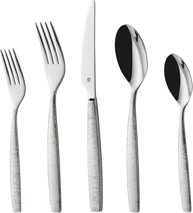 Engraved Silverware Set for 16 | 18/10 Stainless Steel Flatware with Mirror Finish and Engraved Handles | Heavy-Duty, Dishwasher Safe, Built to Last (80-Piece, Mezzano Engraved)