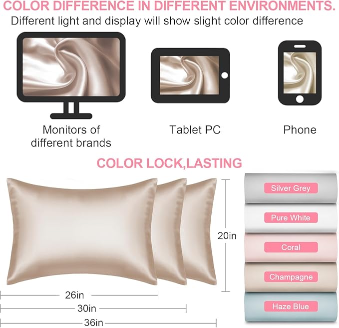 Mulberry Silk Pillow Cases 2 Pack Standard Size 20x26 Inches with Hidden Zipper, Ultra Smooth and Soft Breathable Cooling Silk Satin Pillowcase Set of 2, Better for Hair and Skin, Gifts for Women Men