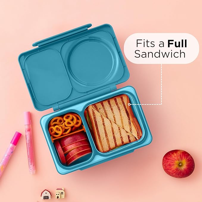 Omie OmieBox UP bento Box for Kids | Insulated Lunch Box | Leak Proof Vacuum Insulated Thermal Food jar | Cooler ice Pack | 2 Compartments (Teal Green)