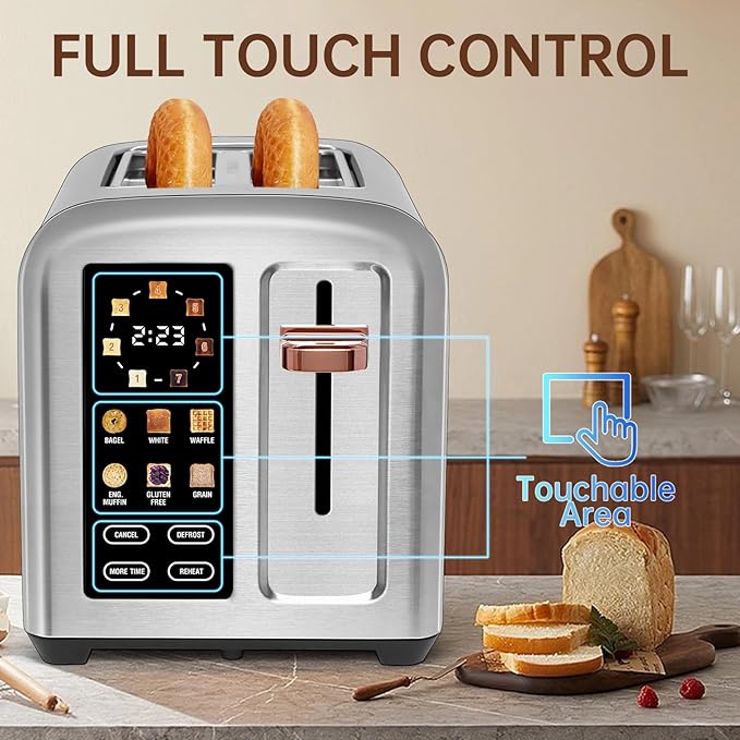 SEEDEEM Toaster 2 Slice, Touch Control Stainless Toaster LCD Display, 50% Faster Heating Speed, 1.4'' Wide Slots, More Timer Functions, Removable Crumb Tray, 1350W, Silver Metallic