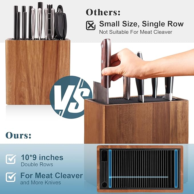 ENOKING XXL Acacia Wood Knife Holder – Large Universal Knife Block with Blade-Protecting Slots, Holds 26+ Knives, Scissors, and Sharpening Rods, Space-Saving Kitchen Storage Organizer
